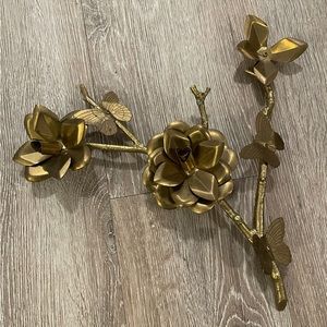 Vintage Solid Brass Flower Buds, Petals & A Butterflies on a Branch Wall Hanging
